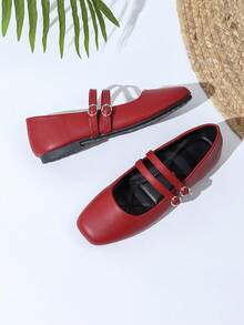 New French Breeze Flat Mary Jane Shoes, Square Toe Slip-On With Double Straps For Women - Vermillion - View 4