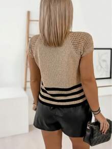女士春夏针织金线镂空圆领短袖条纹套头衫 - 卡其色 - 查看 2