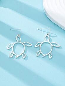 1 par de pendientes colgantes de tortuga marina hueca plateada para mujer - Pendientes de tortuga marina estilo océano de verano - Joyería bohemia de playa - Pendientes de tortuga calados de plata - Ver 5