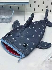 1个耐用帆布鲨鱼造型文具袋，饰有可爱星星图案，拉链设计，适合青少年和办公室使用，时尚牛仔风格 - 彩色 - 查看 7