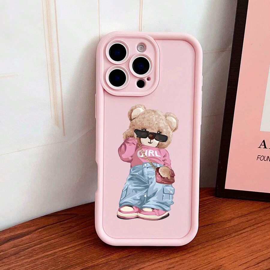 Pink Bear Element Fashion Matte Texture 1pc Pink Bear Pattern Phone Case, Fashion Glasses Bear Image Matte Texture Shock-Proof Protective Cover, Suitable Compatible With Iphone 17 Pro Max/17 Pro/17/16 Pro Max/16 Pro/16/15/14/13/12/11/Pro/Pro Max/X/XR/XS/XS Max/7/8/Plus Spring Gift - Multicolor - View 1