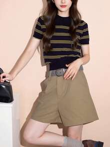 Women's Casual Striped Collared Knit Short Sleeve Top, Suitable For Summer Vacation - Navy Blue - View 1