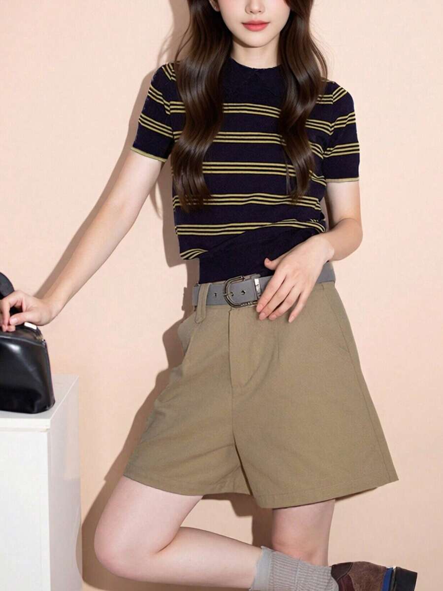 Women's Casual Striped Collared Knit Short Sleeve Top, Suitable For Summer Vacation - Navy Blue - View 1