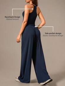 NcmRyu 1 Set Women Spaghetti Strap Ribbed Camisole & Wide Leg Pants Sports Suit - Navy Blue - View 6