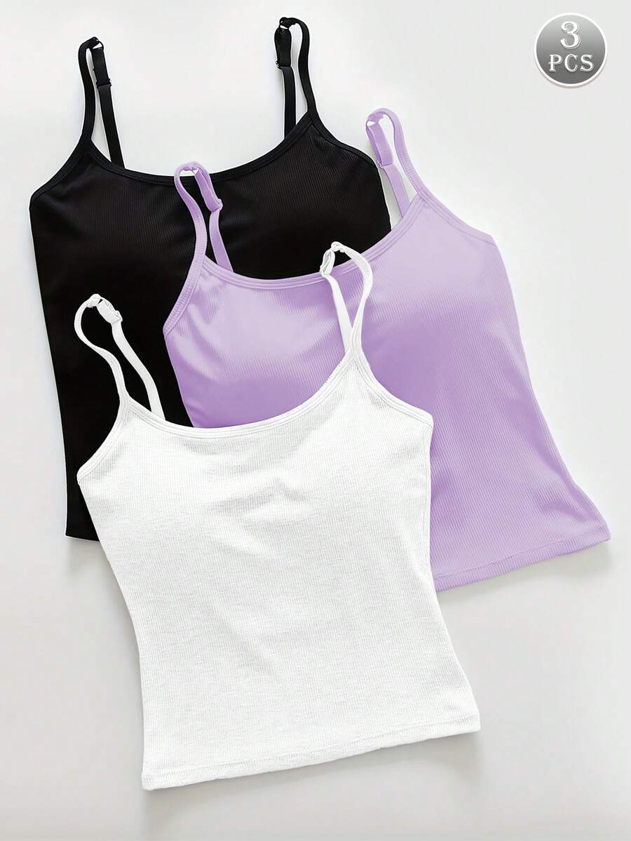 3pcs Atasan Tank Top Wanita Polos Bergaris dengan Bantalan Dada, Atasan Tank Pendek Kasual Seksi - MultiWarna - View 1