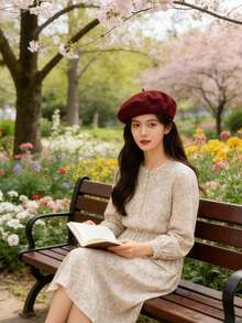 Women Vintage Wool Beret Hat  Classic French Style Soft Cap  All-Season Wearable Lightweight Knit Beret  Solid Color Artist Beret For Daily Outfits, Travel & Parties  Versatile Casual & Chic Accessory - 酒紅色 - 查看 2
