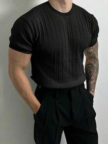 Men's Solid Color Casual Short Sleeve Knitted Top - Black - View 3