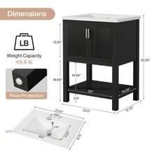 24" Bathroom Vanity With Ceramic Sink, Freestanding Solid Wooden Frame Vanity With Porcelain Basin, Industrial,2-Door Storage Cabinet & Open Shelf For Small Place Bathroom Accessories,Black - 黑色的 - 查看 11