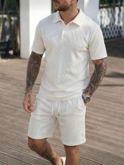 男士不对称提花印花短袖 Polo 衫和短裤套装