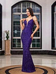 LOVE&LEMONADE Romantic Party Maxi Dress, Sleeveless Spaghetti Strap Sequins With Beaded Backless Design, Ideal For Prom And Formal Occasions - Dark Purple - View 4