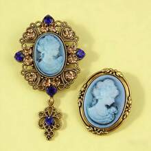 2 pezzi Set di spille vintage di lusso stile palazzo con testa di donna in rilievo, spilla vintage glamour per cappotto, maglione, tailleur, adatta per occasioni formali, feste, vacanze, regali - Blu - Visualizzare 1
