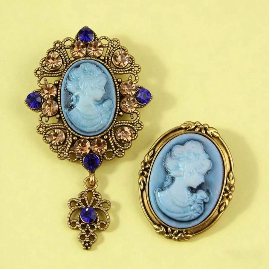 2 pezzi Set di spille vintage di lusso stile palazzo con testa di donna in rilievo, spilla vintage glamour per cappotto, maglione, tailleur, adatta per occasioni formali, feste, vacanze, regali - Blu - Visualizzare 1