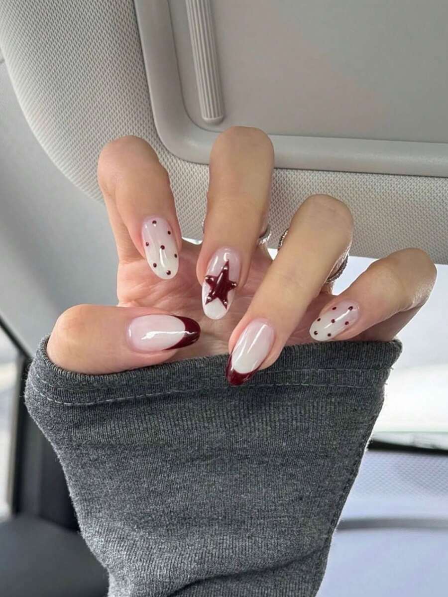 10pcs Handmade Cream White & Burgundy Star Nail Stickers Set (Small/Medium/Large): Cream White Base With Burgundy French Tips, Polka Dots And 3D Star Studs, Sweet And Neutral Style, Fine Glossy Texture, Suitable For Daily Outings, Light Fashion Social Occasions, Reusable, Pearl White Base With Navy Blue French Tips And Polka Dots - Red - View 1