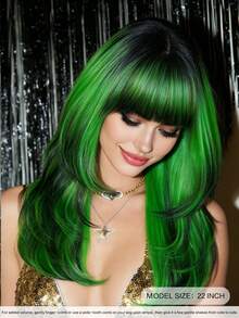 22 Inch Natural Long Wavy Green Hair Wigs Black Highlights With Bangs Synthetic Hair Replacement Wigs For Party Cosplay Festival Ready Use - Green - View 4