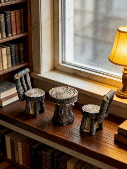 1张桌子和2把椅子套装，迷你花园家具装饰，童话花园配件家具，户外树桩装饰套装，微缩景观花园装饰，室内外景观装饰