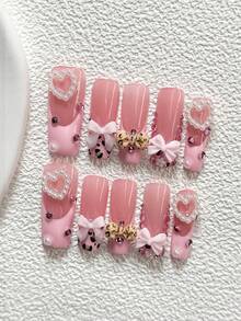 10pcs French Style Gel Nail Art Set, Acrylic Nail Stickers, Hollow Heart, Pink Bow, Leopard Bow, Small White Flower, Pearl, Diamond Decals With Nail Tools (1 Jelly Sticker + 1 Nail File), 3 Sizes: Almond, Duck Mouth, Coffin, Suitable For Daily, Date, Leisure, Travel, Photography, Spring/Summer Commute Manicure Supplies Press On Nails - 彩色 - 查看 4