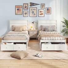 Twin Size Bed Frame W/Storage Drawers Headboard Wooden Slat&Enclosed Base - trắng - Xem 10