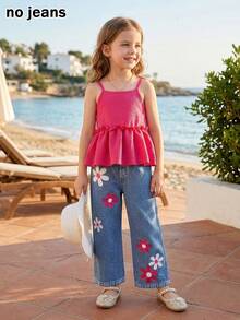 BASUSARRI 两件套少女套装：吊带上衣，荷叶边下摆，收腰设计，数码印花效果，直筒裤，时尚休闲套装 - 藍色 - 查看 2