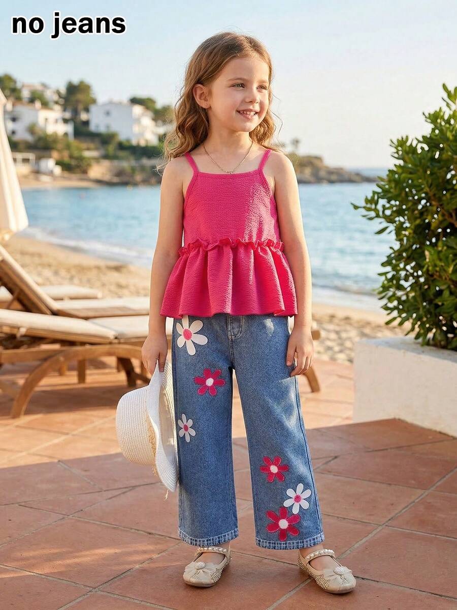 BASUSARRI 两件套少女套装：吊带上衣，荷叶边下摆，收腰设计，数码印花效果，直筒裤，时尚休闲套装