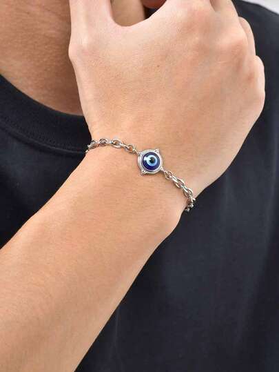 1pc Minimalist Stainless Steel Devil's Eye Silver Bracelet, Men's Accessory