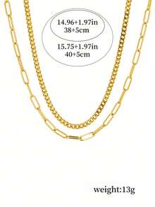 2pcs Stainless Steel Chain Necklace Set, Fashionable Minimalist Paperclip & Curb Chain Layered Choker Necklaces, Luxury Niche Versatile Multi-Layer Necklace Accessories For Women - Gold - View 4