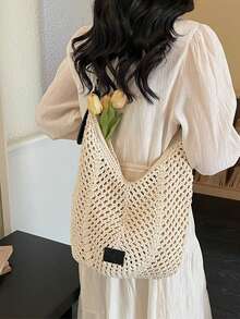 Túi đeo vai dệt rỗng một bên kiểu mới năm 2025, túi xách cỡ lớn tiện dụng cho kỳ nghỉ. - màu đen - Xem 3