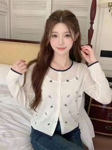 Cropped Long Sleeve Cover Up Lightweight Jacket Hollow Out Knit Sweater For Women, Casual Sweet Style With Frill Trim, Spring/Summer - Apricot - View 3