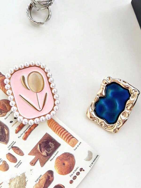 1个方形蓝宝石郁金香珍珠气囊手机支架，创意背装式夏季风格手机配件