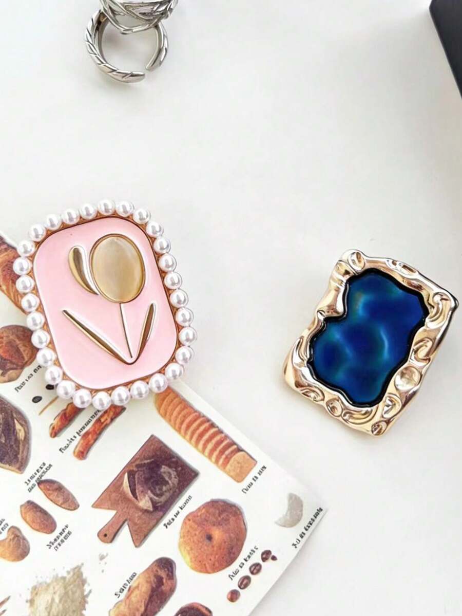 1个方形蓝宝石郁金香珍珠气囊手机支架，创意背装式夏季风格手机配件 - 彩色 - 查看 1