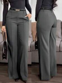 Quần dài nữ ống đứng màu trơn, thiết kế xếp ly phía trước với cúc và khóa kéo, phù hợp cho công sở và các dịp thường ngày, mùa xuân. - Màu xám đen - Xem 1