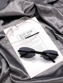 Frameless Oval Decorative Glasses, Y2K Punk Chic Minimalist Basic Style Eyewear - Black - View 2