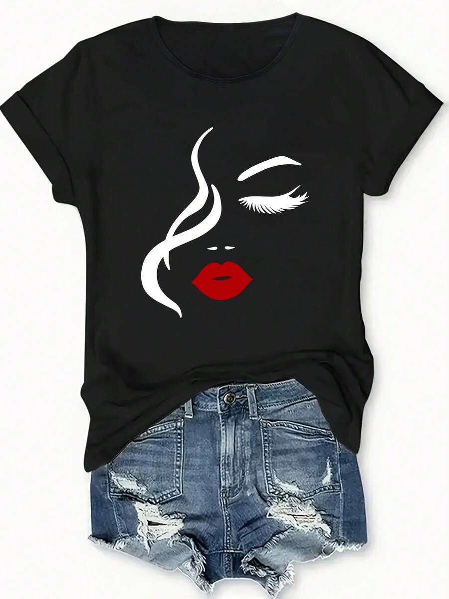 White Women'S T-Shirt Featuring A Red Lips Design, A Soft And Casual Top Suitable For Everyday Wear, Machine Washable For Spring And Summer Outfits, Ideal For Ladies, Bold Graphic Tee With A Comfortable Fit, Perfect For Spring Fashion - màu đen - Xem 1