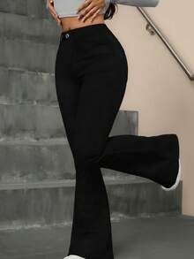 Women's Flare Jeans, High Waist, Butt-Lifting Design, Simple, Elegant, Casual Jeans, Zipper, Pockets, Button, Flare Pants - 黑色 - 查看 3