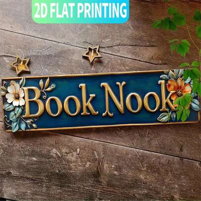 1pc Creative "Book Corner" Iron Wall Decor, 39.88 X 9.91 Cm, Rustic Floral & Star Design, Durable Indoor/Outdoor Iron Metal Art Decoration, Suitable For Halloween, Christmas, New Year, Home Office Library, Gift For Book Lovers, 2D Flat