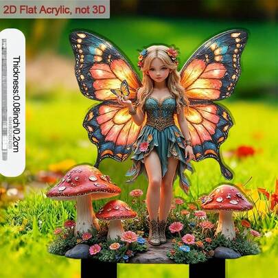 2D Flat Fairy With Butterfly Wings Garden Stake - 2D Flat Acrylic Outdoor Decor, With Sharp Base, Vibrant Green And Gold Fairy, Mushroom-Shaped Top With Red Cap, Durable Lightweight Design, Suitable For Flower Beds, Lawns