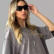 Oversized Washed Gray Short Sleeve Tee, Loose Fit Vintage Streetwear Style, Basic Summer - 灰色 - 查看 3