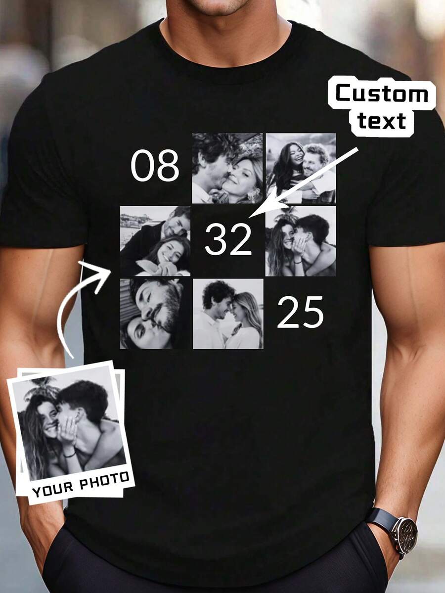 Camiseta de manga corta de corte holgado personalizable para hombres - Añade tu propio texto y fotos (Deportes - Negro - Ver 1