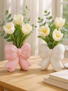 1pc Decorative Vase With Bow Tie, Tabletop Centerpiece Floral Arrangement, Home Decor For Living Room, Dining Room, Bedroom, Kitchen, Office, Wedding, Party, Holiday. Cute Bow Design, Modern Indoor Floral Container, Housewarming Birthday Gift - Multicolor - View 1
