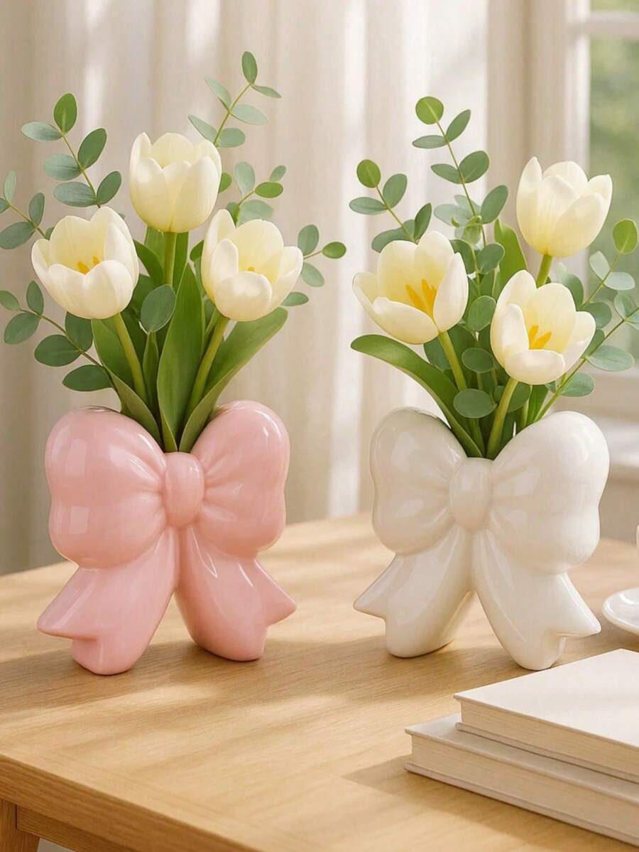 1pc Decorative Vase With Bow Tie, Tabletop Centerpiece Floral Arrangement, Home Decor For Living Room, Dining Room, Bedroom, Kitchen, Office, Wedding, Party, Holiday. Cute Bow Design, Modern Indoor Floral Container, Housewarming Birthday Gift - Multicolor - View 1