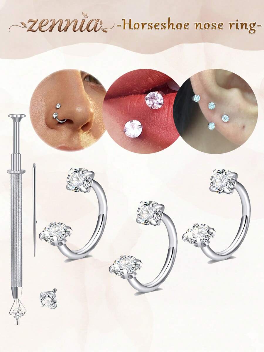 20g Aro de nariz en forma de herradura para mujeres de acero inoxidable con doble pendiente de circonita cúbica, joyería de piercing de nariz en forma de herradura de plata, aro en forma de media U para piercing de nostril, hélix, daith y cartílago de 20 calibre 6 7 8mm - Multicolor - Ver 1
