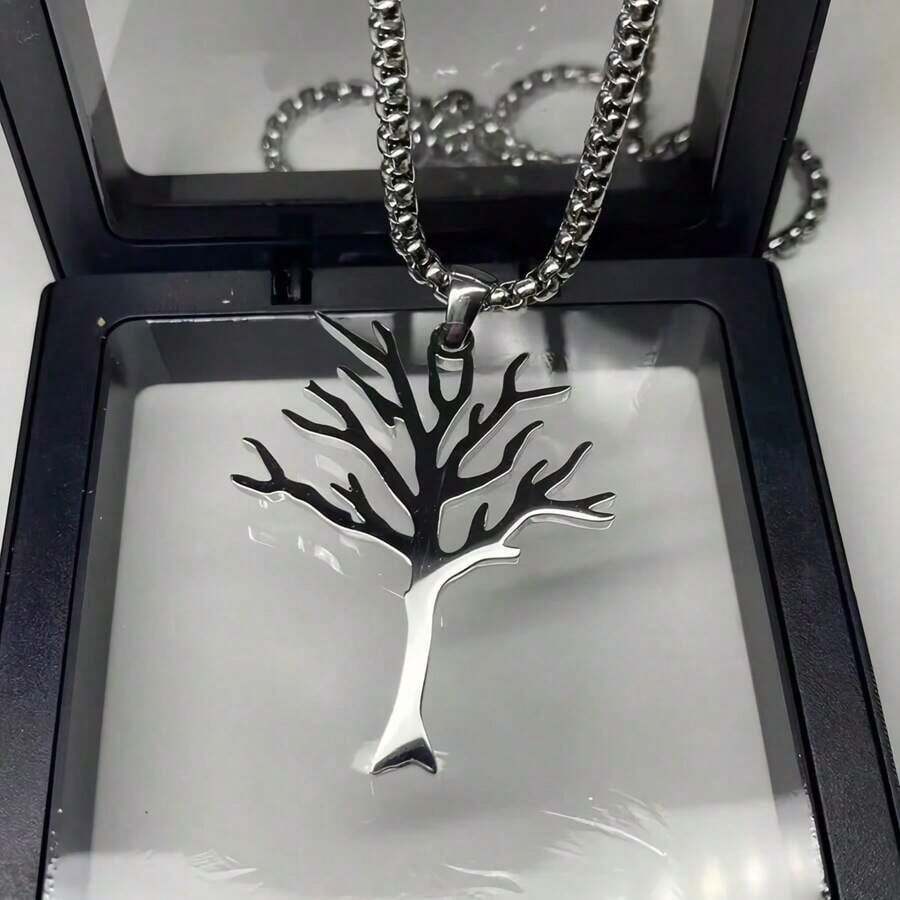 1Pc Silver Tree Of Life Pendant Necklace, Stainless Steel Box Chain Necklace, Family Tree Jewelry For Women Men - 銀色 - 查看 1