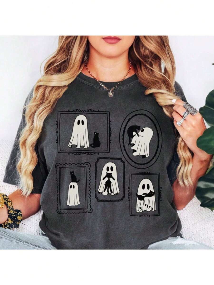 Halloween Cat Ghost Shirt Cute Ghost Shirt Cat Mama Halloween Shirt Black Cat Tee Halloween Ghost Spooky Shirt Halloween Gift Cute Christmas Ghost Shirt 100% Cotton Cute Oversized Tshirts For Women Fashionable Beach T-Shirt, Summer Vibe T-Shirt Top - 黑色 - 查看 1