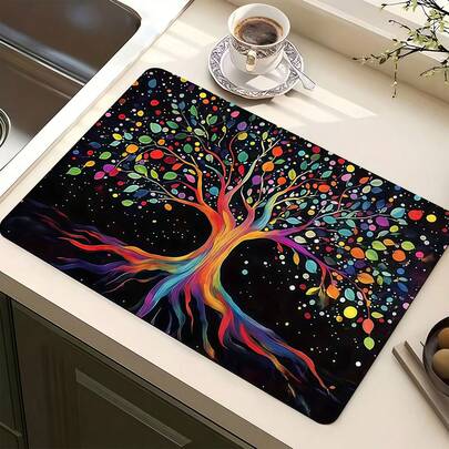 1片彩色树形图案多用途吸水垫，涤纶桌面保护垫，适用于厨房、餐桌装饰、餐具晾干、洗衣机、咖啡机、浴室盥洗台、厨房配件、派对用品
