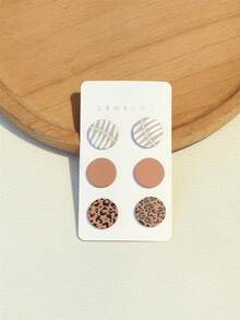 3 Pairs Ceramic Texture Leaf & Leopard Print Round Acrylic Earrings, Fashionable For Girls - Multicolor - View 3