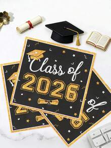 16pcs 2026 Graduation One-Time Paper Napkins, Black & Gold Disposable Napkins With Graduation Cap And Diploma Pattern, Graduation Party Tableware Napkins, Graduation Party Supplies, Congratulations Graduation Party Decorations, Graduation Celebration, Home Decor, Kitchen Decor, Tabletop Decor, Graduation Decorations - Black Gold - View 8