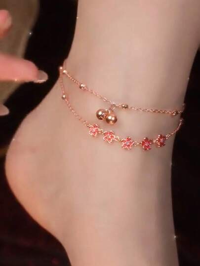 1pc Peach Blossom Charm Anklet, Minimalist Elegant Double-Layer Floral Anklet, Fashionable Versatile High-End Foot Chain