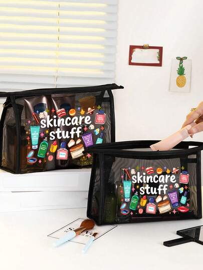 网眼化妆包，印有护肤品和“护肤品”字样图案，多功能化妆包，可收纳发夹、发带等，红色气垫便携收纳包，化妆包，护肤包，旅行必备，宿舍用品，浴室收纳，珠宝收纳，唇油和化妆品收纳包，书包，节日必备化妆包，化妆品收纳，婚礼新娘礼物，母亲节礼物