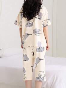 AICJ 2 chiếc áo phông hồng in hình mèo dễ thương và chữ cho nữ, quần dài 3/4/quần đùi/quần dài mặc ở nhà, bộ đồ ngủ dự tiệc mùa xuân hè cho kỳ nghỉ - Nhiều màu - Xem 2