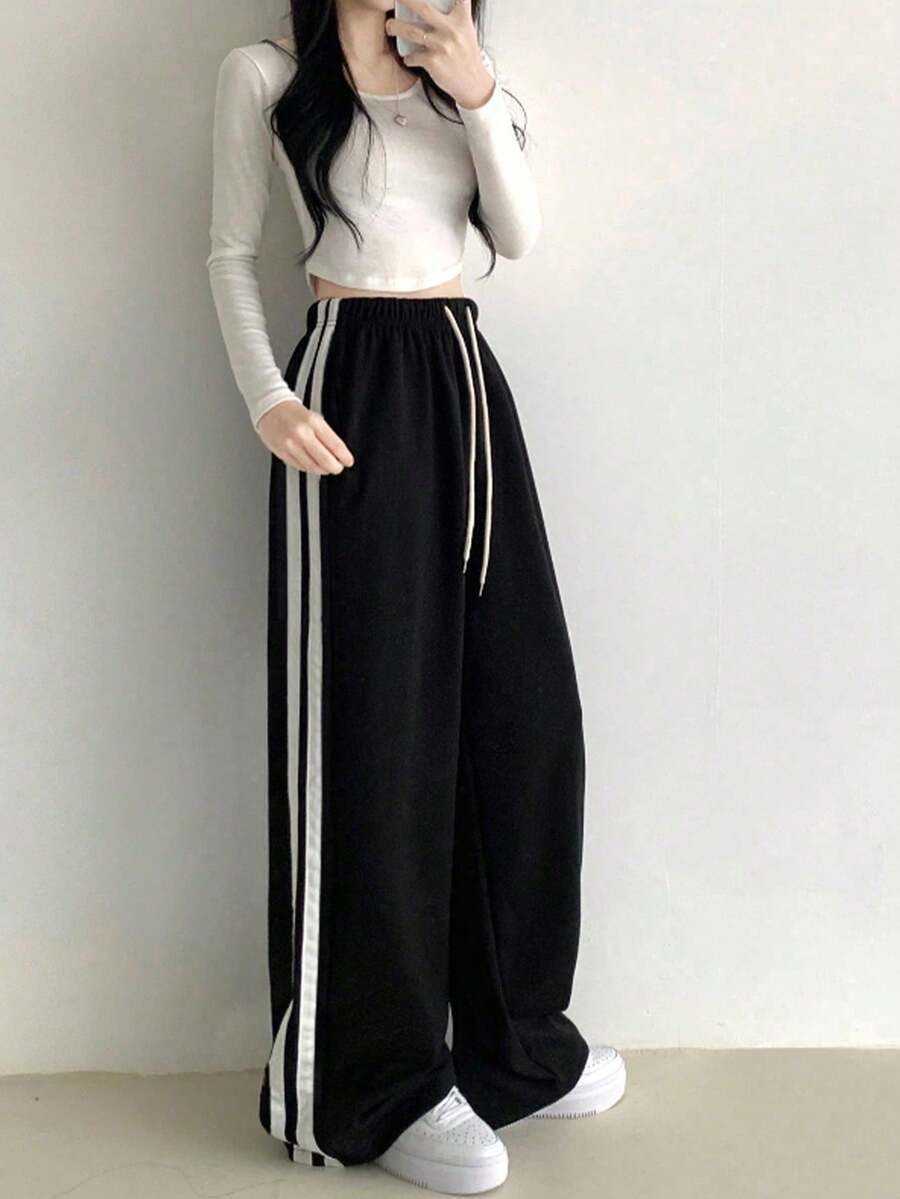 撞色运动裤，女士休闲直筒宽松喇叭裤，春季