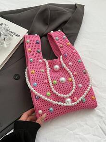 1 pieza Bolso de mano de ganchillo con perlas de moda, adecuado para fiestas, banquetes, viajes diarios, puede contener teléfono, espejo, llaves, lápiz labial, billetera, ideal para Navidad, Día de la Madre, regalo de cumpleaños - Multicolor - Ver 9